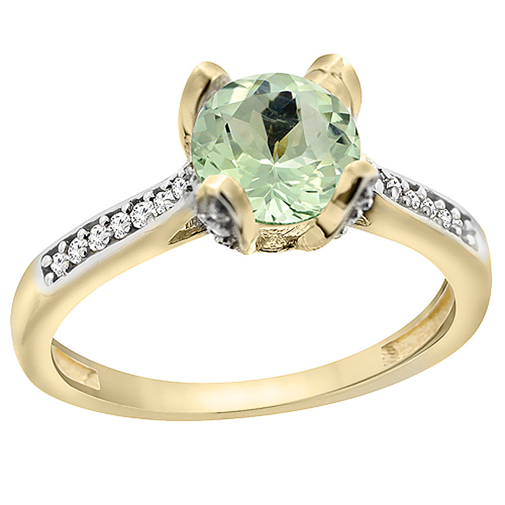 10K Yellow Gold Diamond Genuine Green Amethyst Engagement Ring Round 7mm sizes 5 to 10 with half sizes