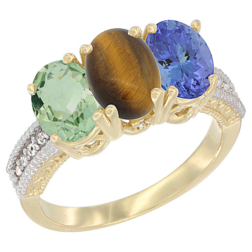 10K Yellow Gold Diamond Natural Green Amethyst, Tiger Eye & Tanzanite Ring 3-Stone Oval 7x5 mm, sizes 5 - 10
