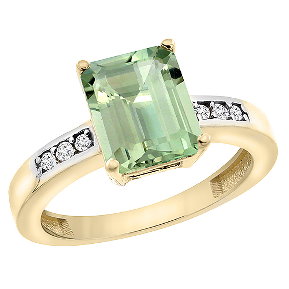 10K Yellow Gold Natural Green Amethyst Octagon 9x7 mm with Diamond Accents, sizes 5 - 10