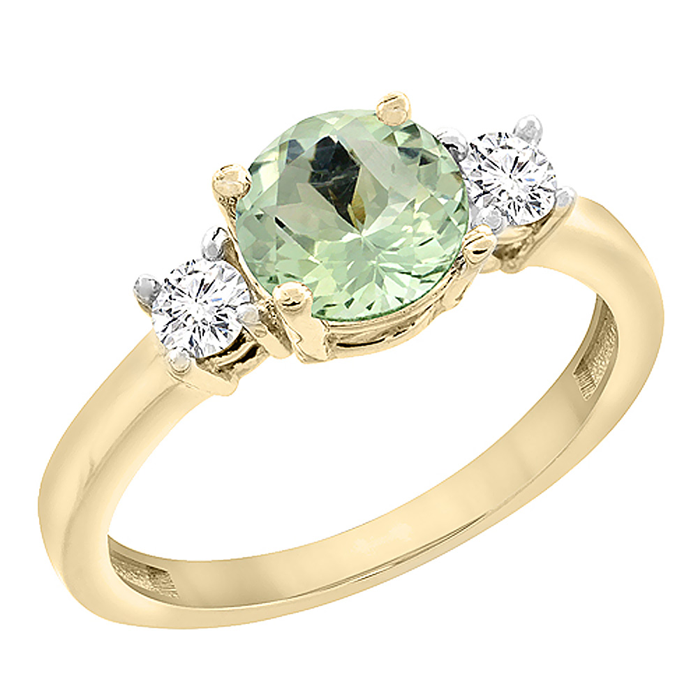 10K Yellow Gold Diamond Natural Green Amethyst Engagement Ring Round 7mm, sizes 5 to10 w/ half sizes