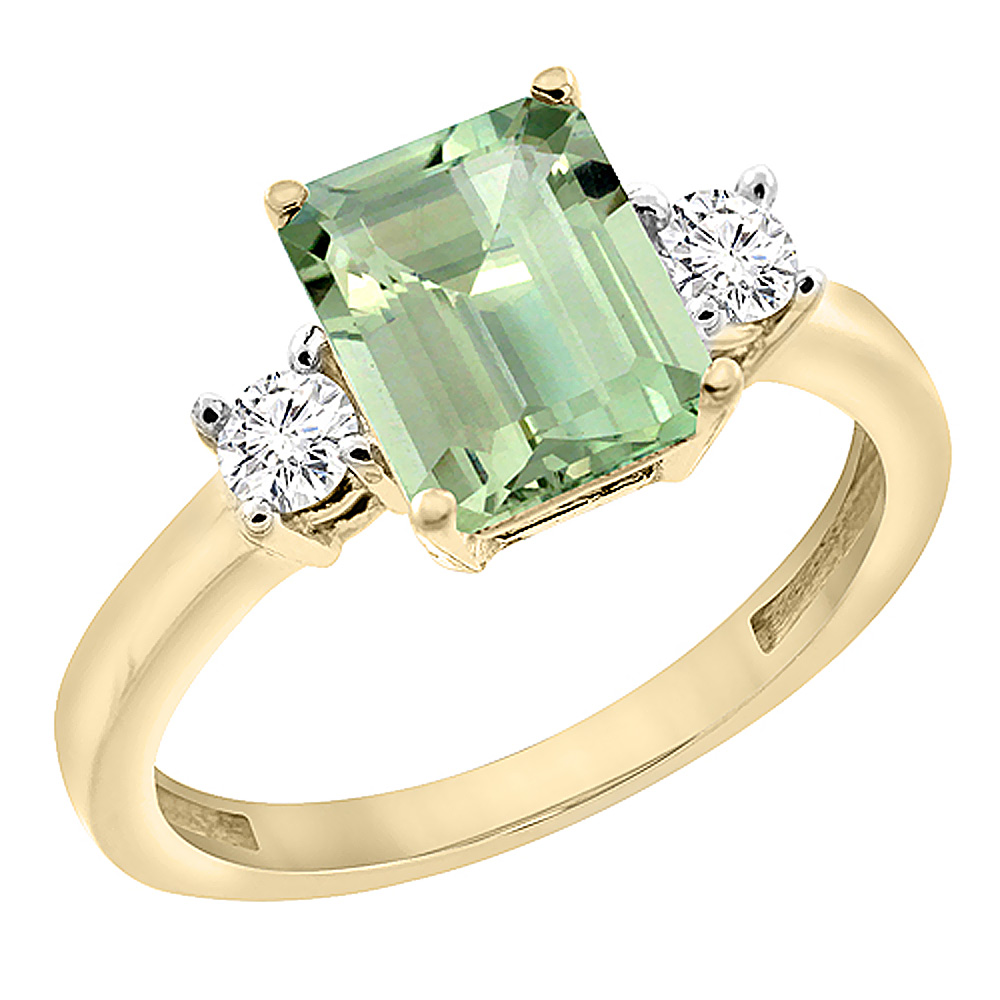 10K Yellow Gold Natural Green Amethyst Ring Octagon 8x6 mm with Diamond Accents, sizes 5 - 10