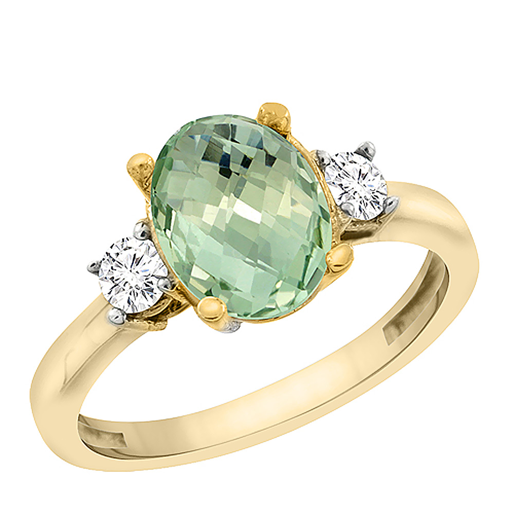 10K Yellow Gold Natural Green Amethyst Engagement Ring Oval 10x8 mm Diamond Sides, sizes 5 - 10