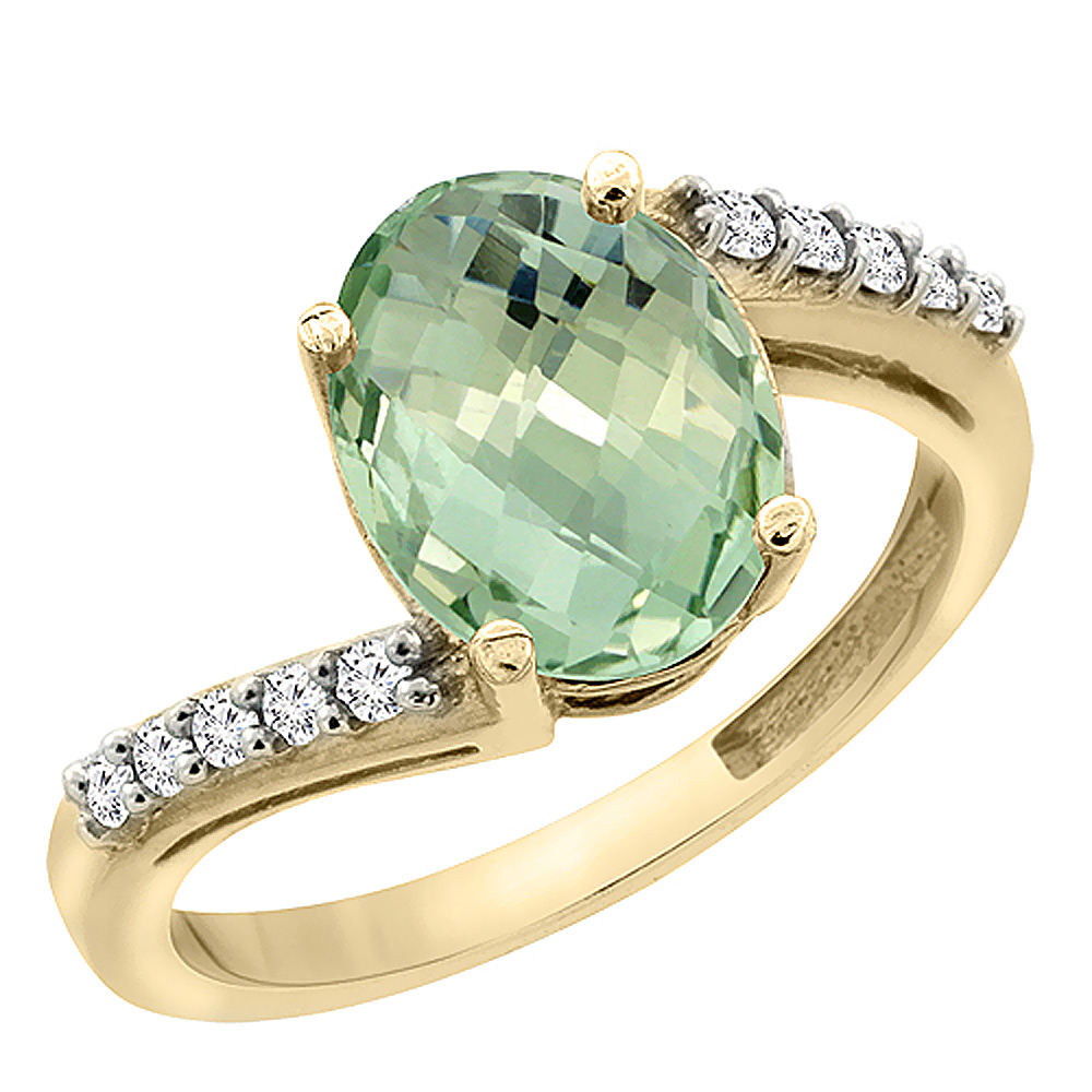 10K Yellow Gold Diamond Natural Green Amethyst Engagement Ring Oval 10x8mm, sizes 5-10