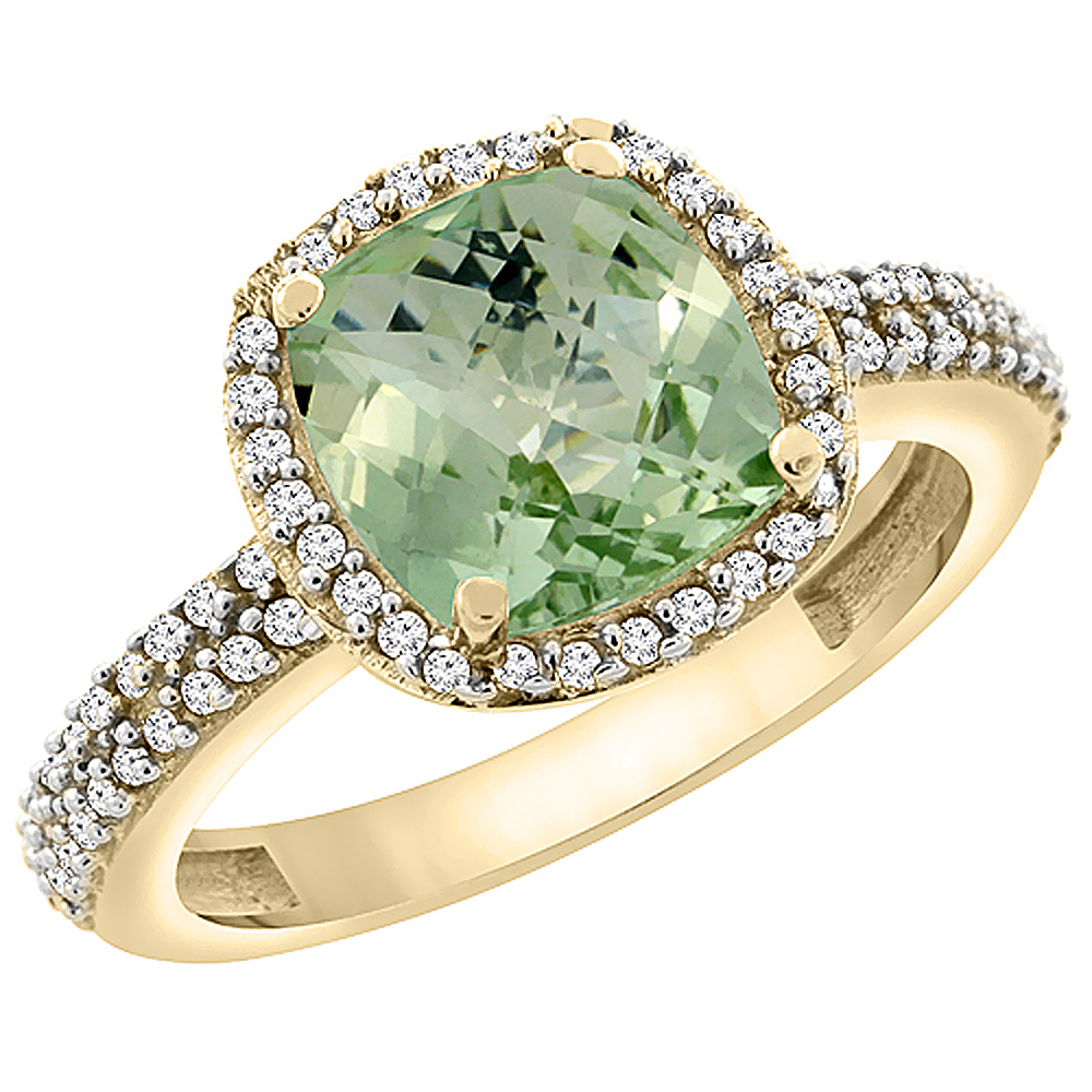 10K Yellow Gold Natural Green Amethyst Cushion 8x8 mm with Diamond Accents, sizes 5 - 10
