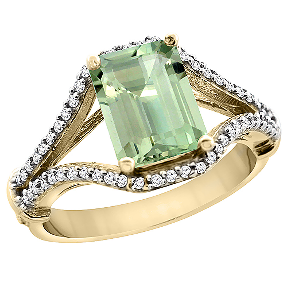 10K Yellow Gold Natural Green Amethyst Ring Octagon 8x6 mm with Diamond Accents, sizes 5 - 10