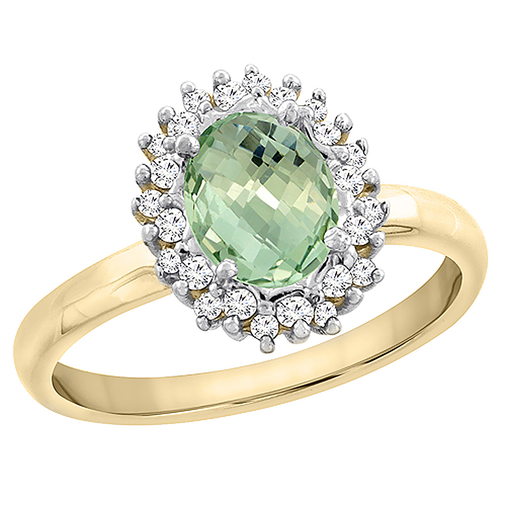 10K Yellow Gold Diamond Natural Green Amethyst Engagement Ring Oval 7x5mm, sizes 5 - 10