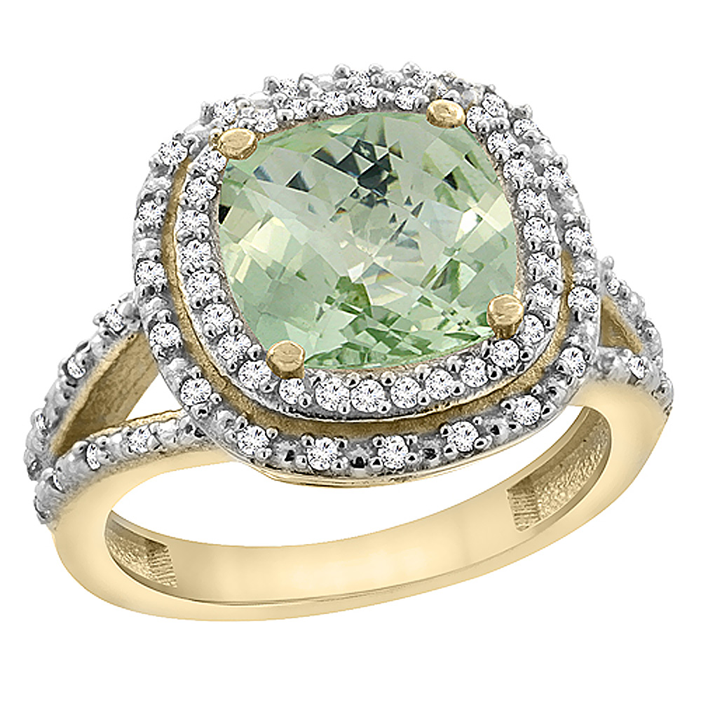 10K Yellow Gold Natural Green Amethyst Ring Cushion 8x8 mm with Diamond Accents, sizes 5 - 10
