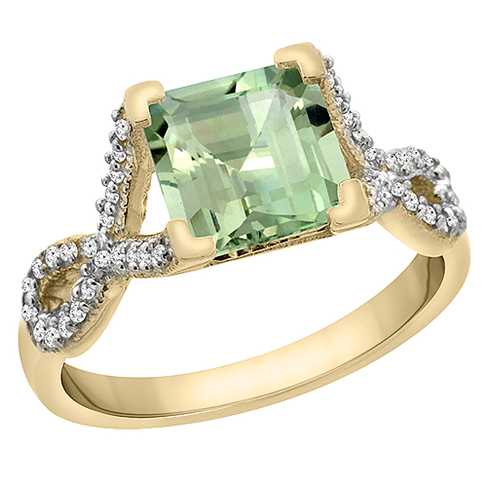 10K Yellow Gold Natural Green Amethyst Ring Square 7x7 mm Diamond Accents, sizes 5 to 10