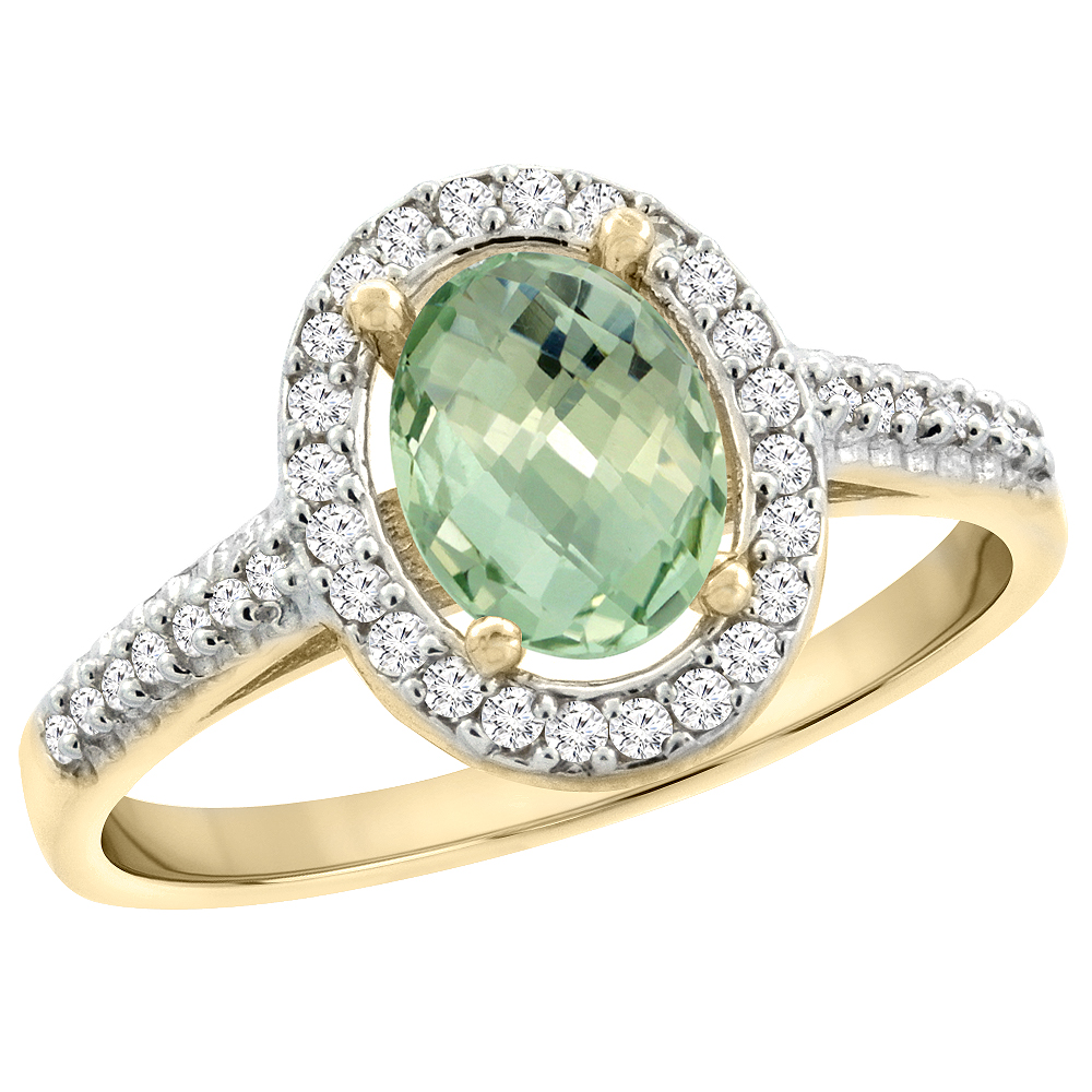 10K Yellow Gold Natural Green Amethyst Engagement Ring Oval 7x5 mm Diamond Halo, sizes 5 - 10