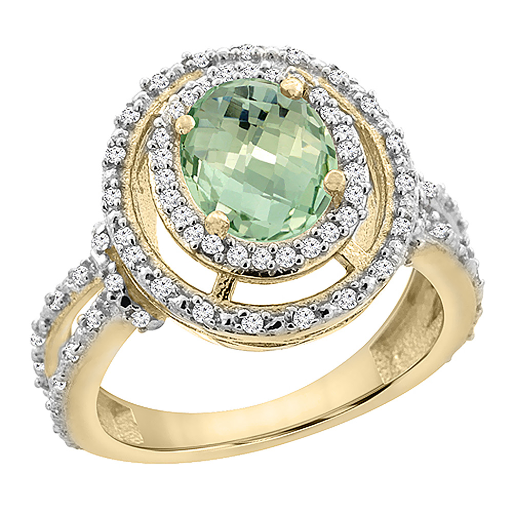 10K Yellow Gold Natural Green Amethyst Ring Oval 8x6 mm Double Halo Diamond, sizes 5 - 10