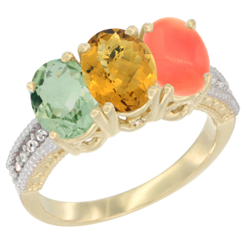 14K Yellow Gold Natural Green Amethyst, Whisky Quartz & Coral Ring 3-Stone 7x5 mm Oval Diamond Accent, sizes 5 - 10