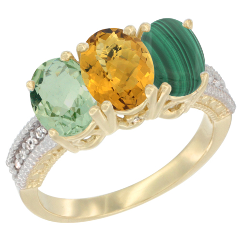 14K Yellow Gold Natural Green Amethyst, Whisky Quartz & Malachite Ring 3-Stone 7x5 mm Oval Diamond Accent, sizes 5 - 10