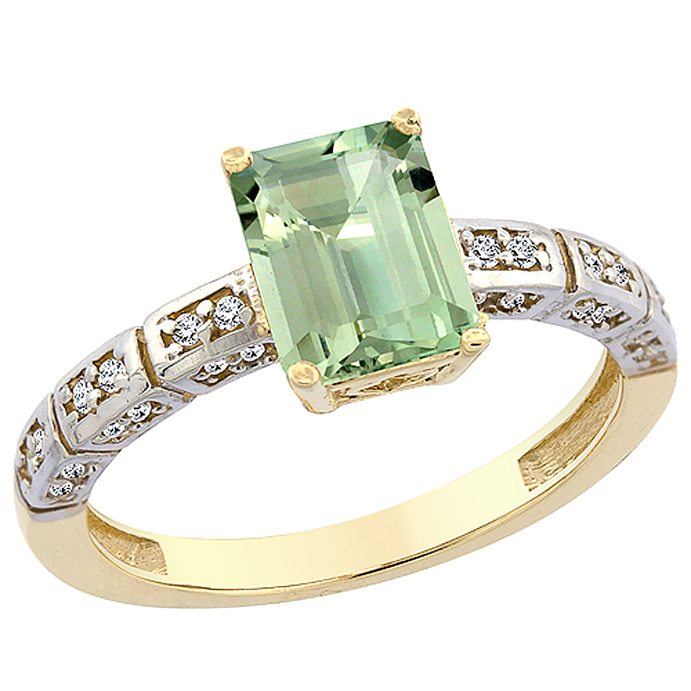 10K Yellow Gold Natural Green Amethyst Octagon 8x6 mm with Diamond Accents, sizes 5 - 10
