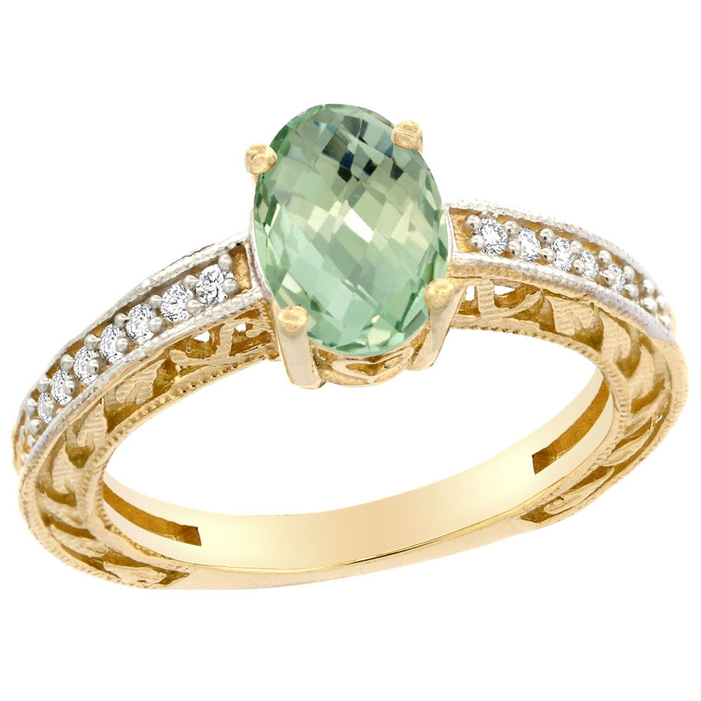 10K Gold Natural Green Amethyst Ring Oval 8x6 mm Diamond Accents, sizes 5 - 10