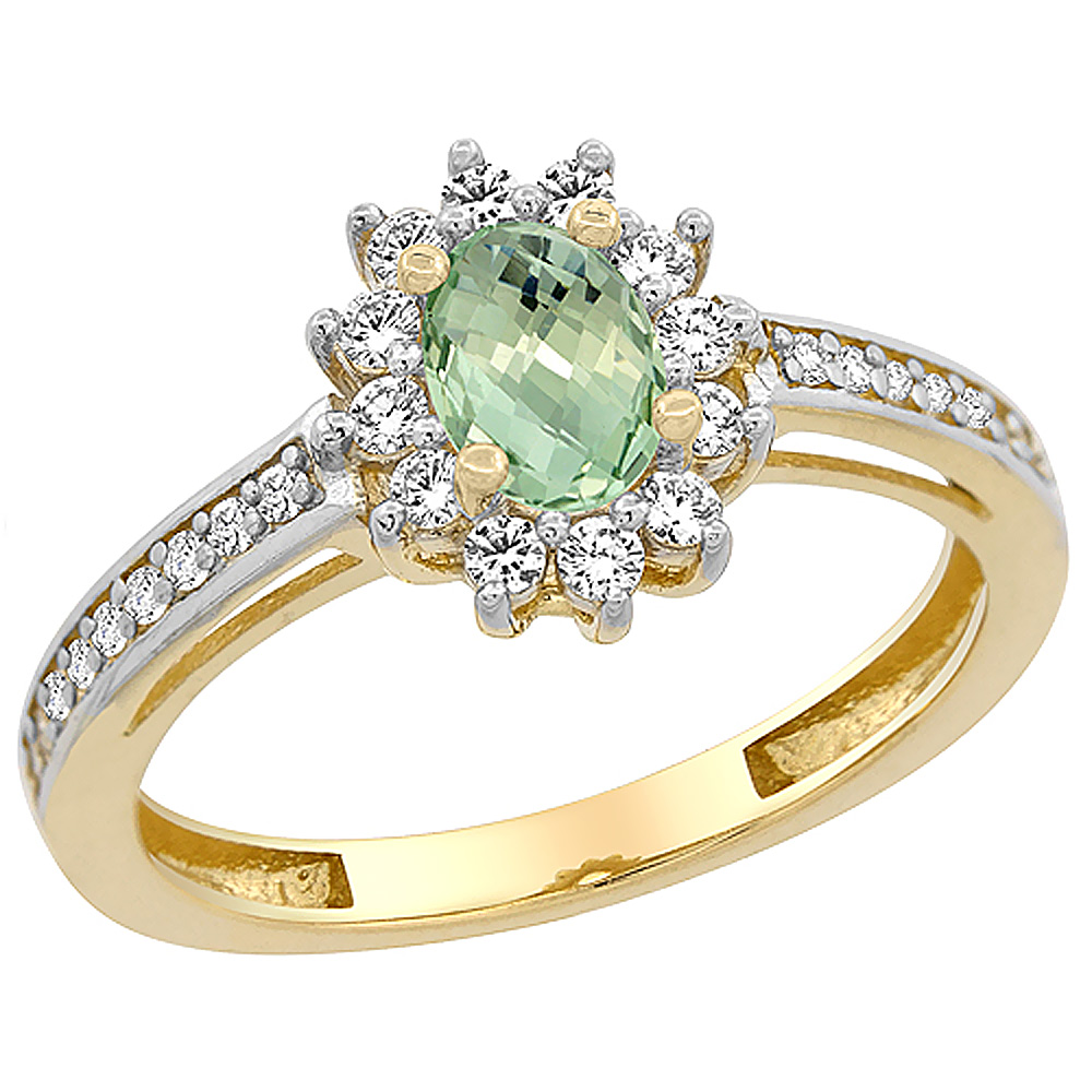 10K Yellow Gold Natural Green Amethyst Flower Halo Ring Oval 6x4 mm Diamond Accents, sizes 5 - 10