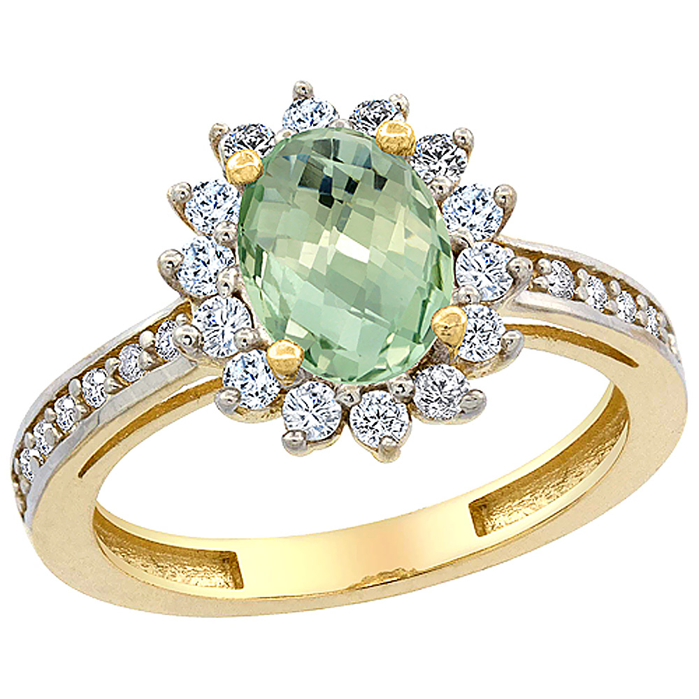 10K Yellow Gold Natural Green Amethyst Floral Halo Ring Oval 8x6mm Diamond Accents, sizes 5 - 10