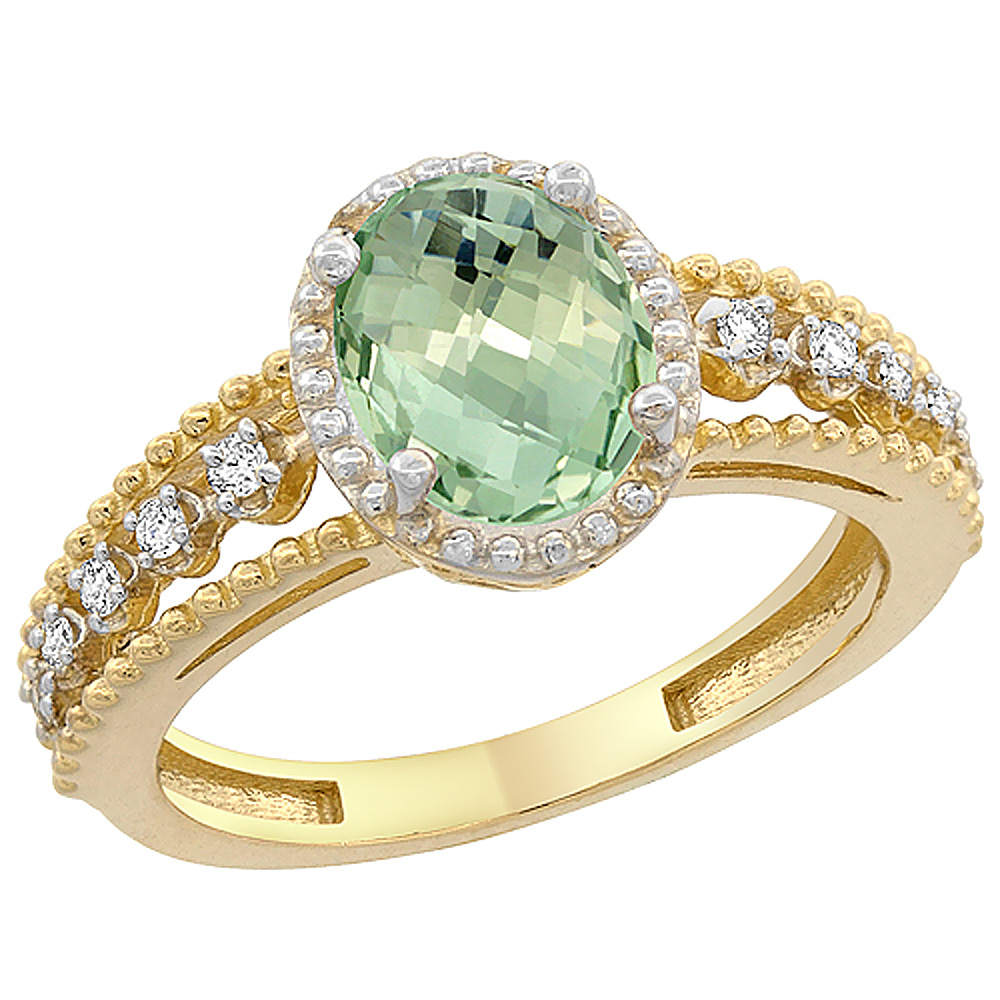 10K Yellow Gold Natural Green Amethyst Ring Oval 9x7 mm Floating Diamond Accents, sizes 5 - 10