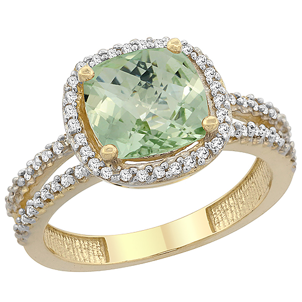 10K Yellow Gold Natural Green Amethyst Ring Cushion-cut 8x8 mm 2-row Diamond Accents, sizes 5 - 10