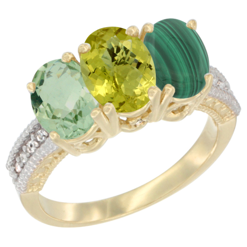 10K Yellow Gold Diamond Natural Green Amethyst, Lemon Quartz & Malachite Ring 3-Stone Oval 7x5 mm, sizes 5 - 10