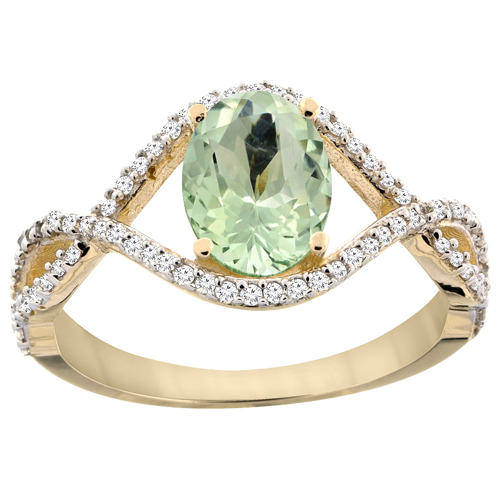 10K Yellow Gold Natural Green Amethyst Ring Oval 8x6 mm Infinity Diamond Accents, sizes 5 - 10