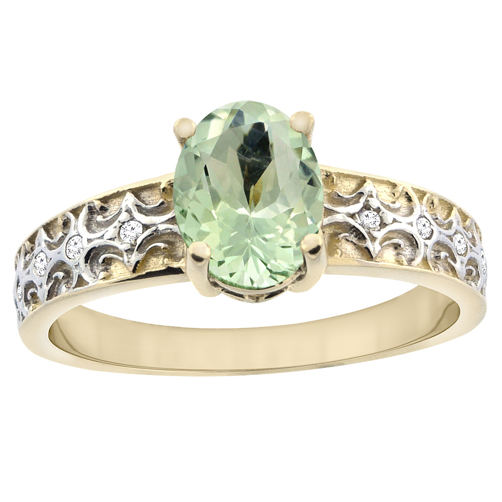 10K Yellow Gold Natural Green Amethyst Ring Oval 8x6 mm Diamond Accents, sizes 5 - 10