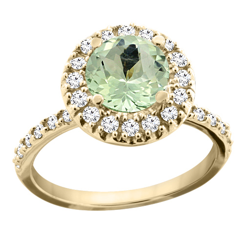 10K Yellow Gold Natural Green Amethyst Ring Round 8mm Floating Halo Diamond, sizes 5 - 10