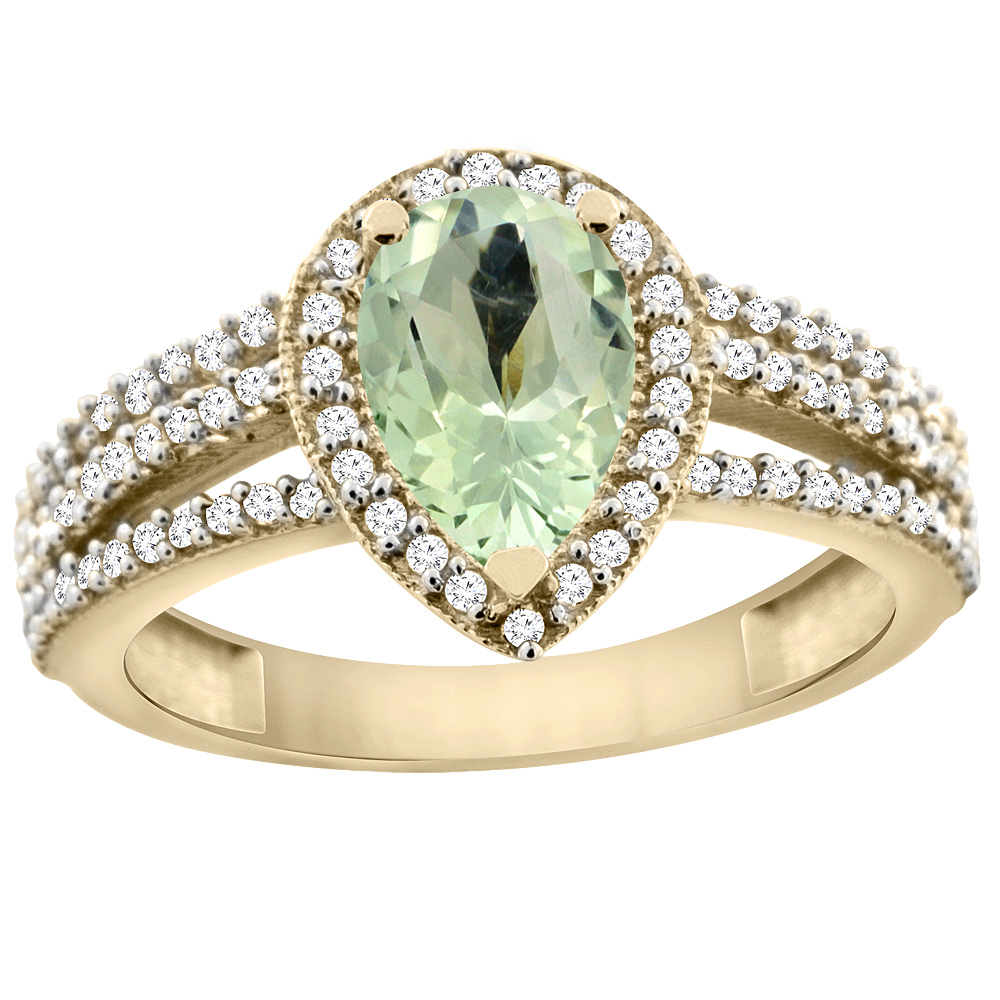 10K Yellow Gold Natural Green Amethyst Ring 9x7 Pear Halo Diamond, sizes 5 - 10