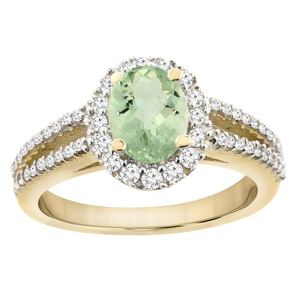 10K Yellow Gold Natural Green Amethyst Split Shank Halo Engagement Ring Oval 7x5 mm, sizes 5 - 10