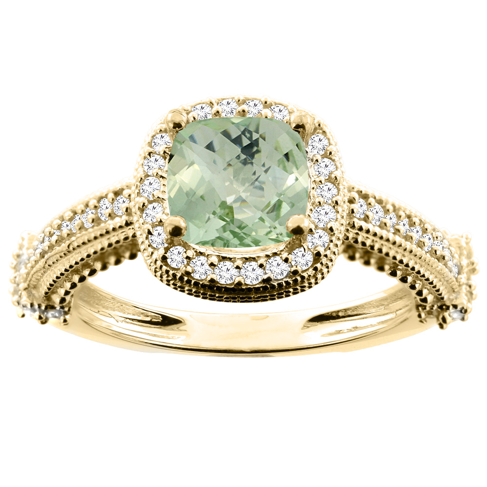 10K White/Yellow/Rose Gold Natural Green Amethyst Ring Cushion 7x7mm Diamond Accent, size 5