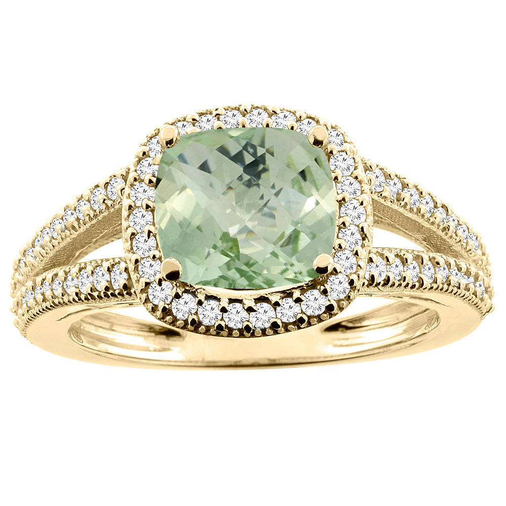 10K Yellow Gold Natural Green Amethyst Ring Cushion 7x7mm Diamond Accent 3/8 inch wide, sizes 5 - 10