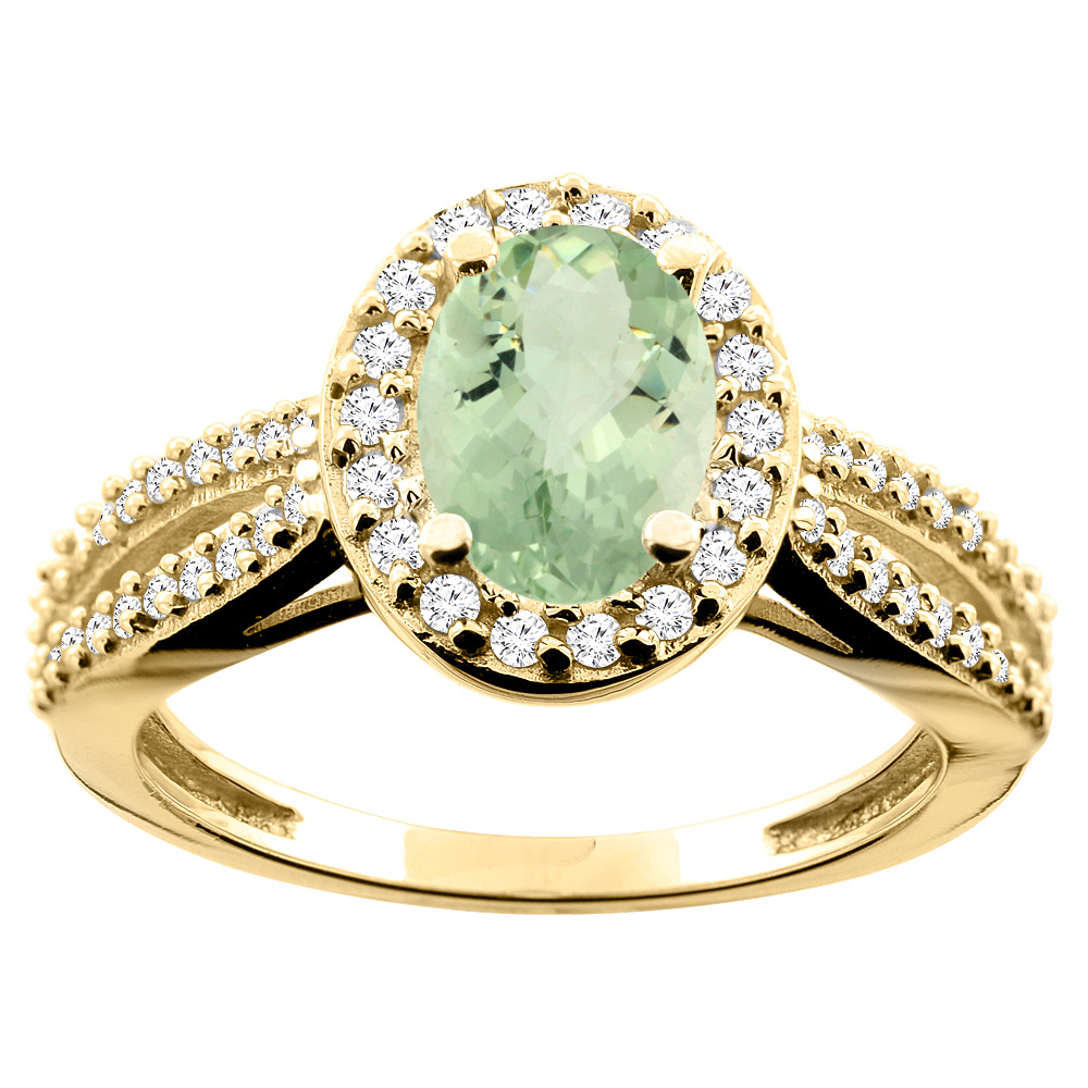 10K White/Yellow/Rose Gold Natural Green Amethyst Ring Oval 8x6mm Diamond Accent, size 5