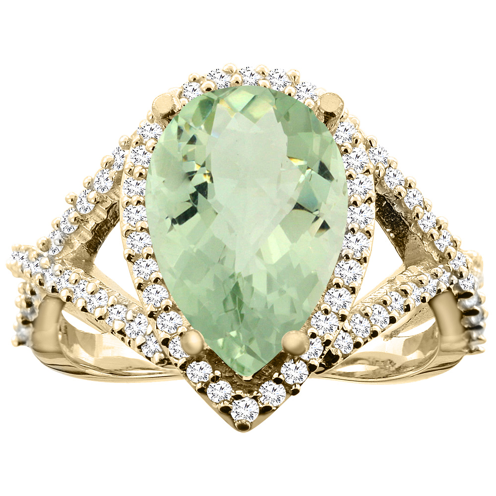 10K White/Yellow/Rose Gold Natural Green Amethyst Ring Pear 12X8mm Diamond Accent, size 5
