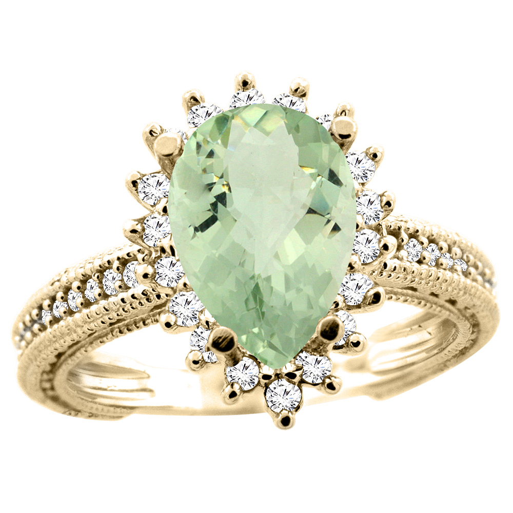 10K White/Yellow/Rose Gold Natural Green Amethyst Ring Pear 12x8mm Diamond Accent, size 5