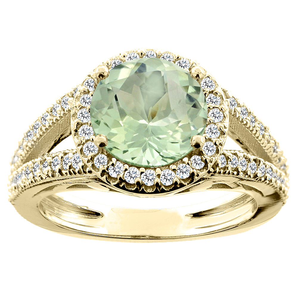 10K White/Yellow/Rose Gold Natural Green Amethyst Ring Round 8mm Diamond Accent, sizes 5 - 10