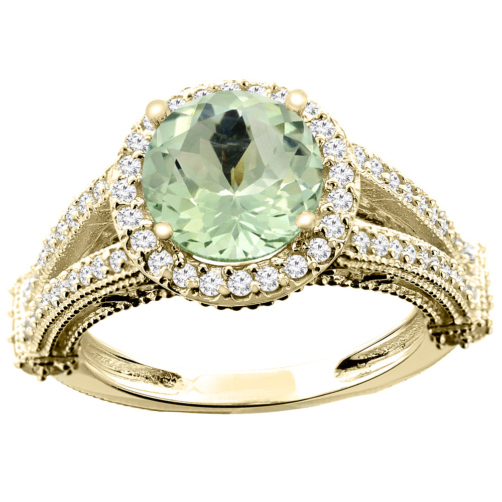 10K White/Yellow/Rose Gold Natural Green Amethyst Ring Round 8mm Diamond Accent, sizes 5 - 10