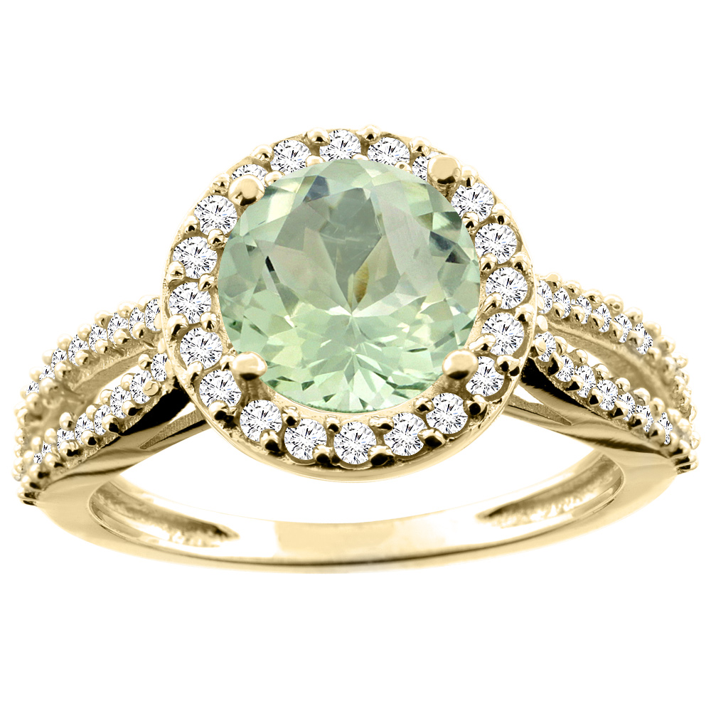 10K White/Yellow/Rose Gold Natural Green Amethyst Ring Round 8mm Diamond Accent, sizes 5 - 10