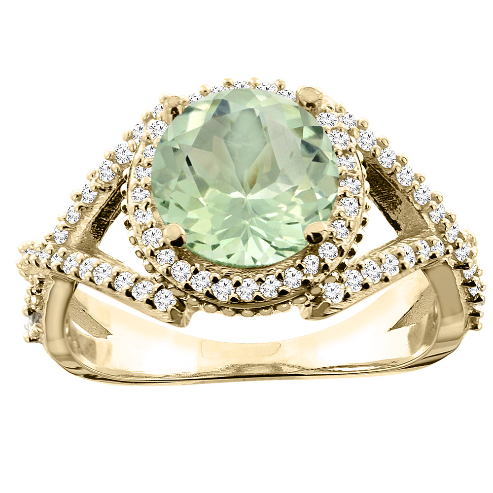 10K White/Yellow/Rose Gold Natural Green Amethyst Ring Round 8mm Diamond Accent, sizes 5 - 10