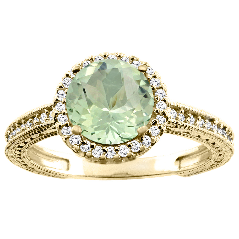 10K White/Yellow/Rose Gold Natural Green Amethyst Ring Round 7mm Diamond Accent, sizes 5 - 10