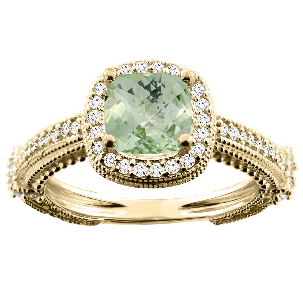 10K White/Yellow/Rose Gold Natural Green Amethyst Ring Cushion 7x7mm Diamond Accent, sizes 5 - 10