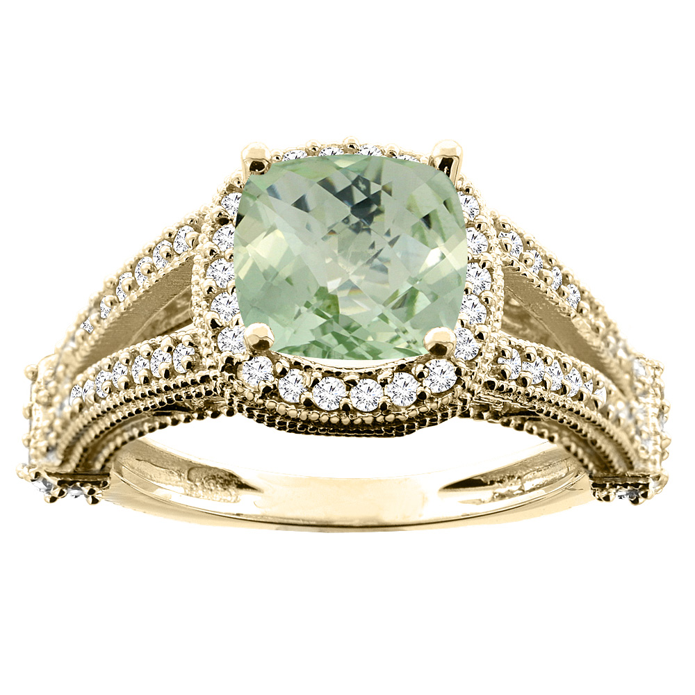 10K White/Yellow/Rose Gold Natural Green Amethyst Split Shank Ring Cushion 7x7mm Diamond Accent, sizes 5 - 10
