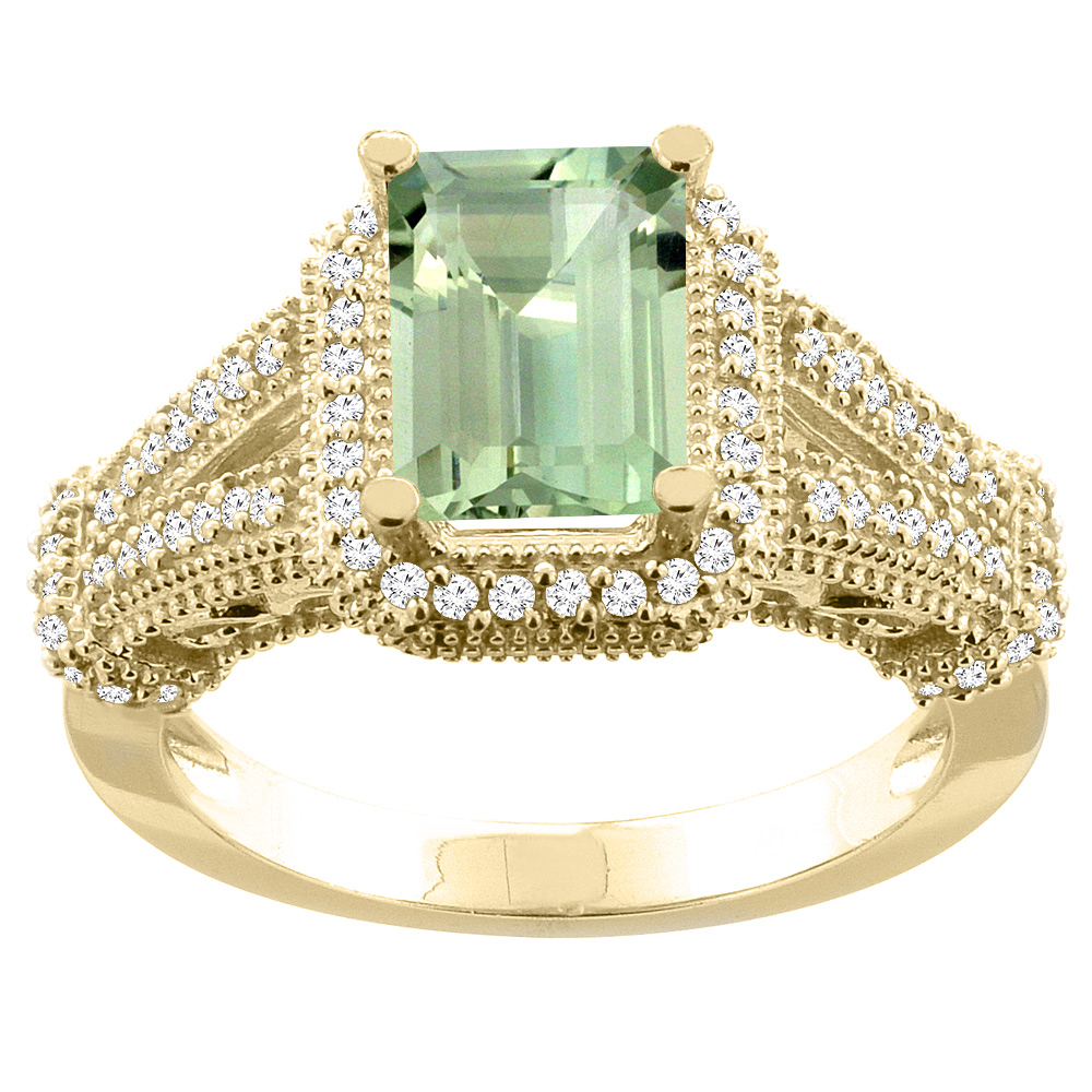 10K White/Yellow/Rose Gold Natural Green Amethyst Ring Octagon 8x6mm Diamond Accent, sizes 5-10