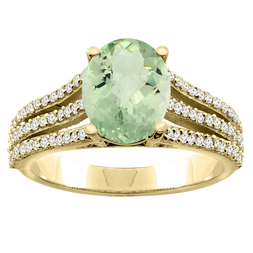 10K Yellow Gold Natural Green Amethyst Tri-split Ring Cushion-cut 8x6mm Diamond Accents 5/16 inch wide, sizes 5 - 10