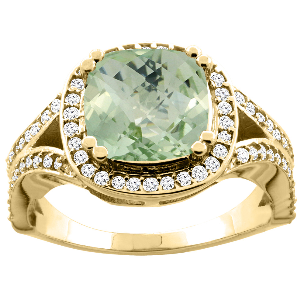 10K Yellow Gold Natural Green Amethyst Split Ring Cushion 8x8mm Diamond Accent, sizes 5 - 10