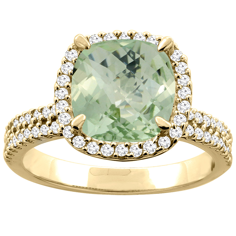10K Yellow Gold Natural Green Amethyst Halo Ring Cushion 9x9mm Diamond Accent, sizes 5 - 10