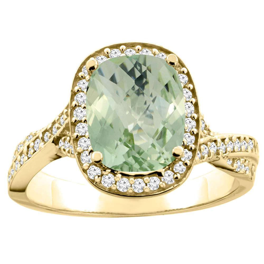 10K Yellow Gold Natural Green Amethyst Halo Ring Cushion 9x7mm Diamond Accent, sizes 5 - 10