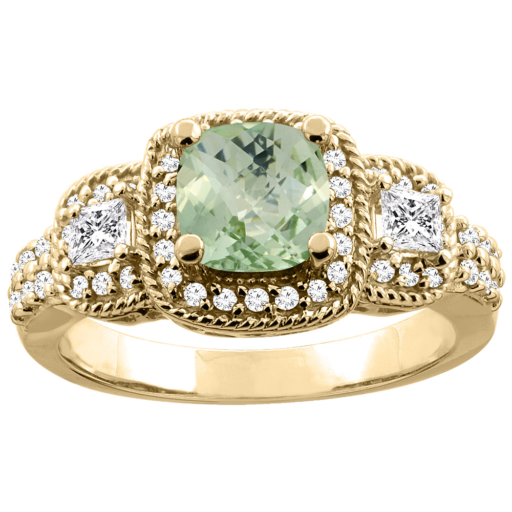 10K Yellow Gold Natural Green Amethyst Ring Cushion 6x6 mm Diamond Accent, sizes 5 - 10
