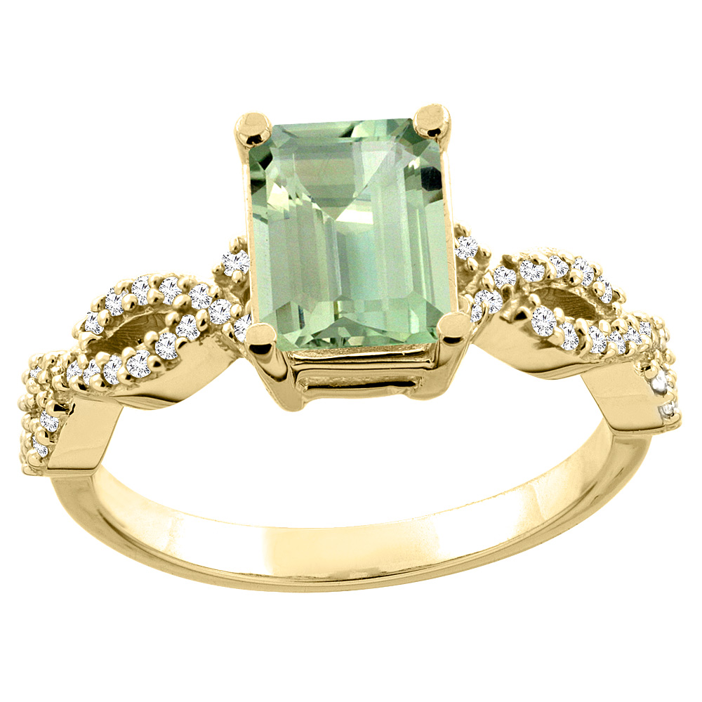 10K White/Yellow Gold Natural Green Amethyst Eternity Ring Octagon 9x7mm Diamond Accent, sizes 5 - 10