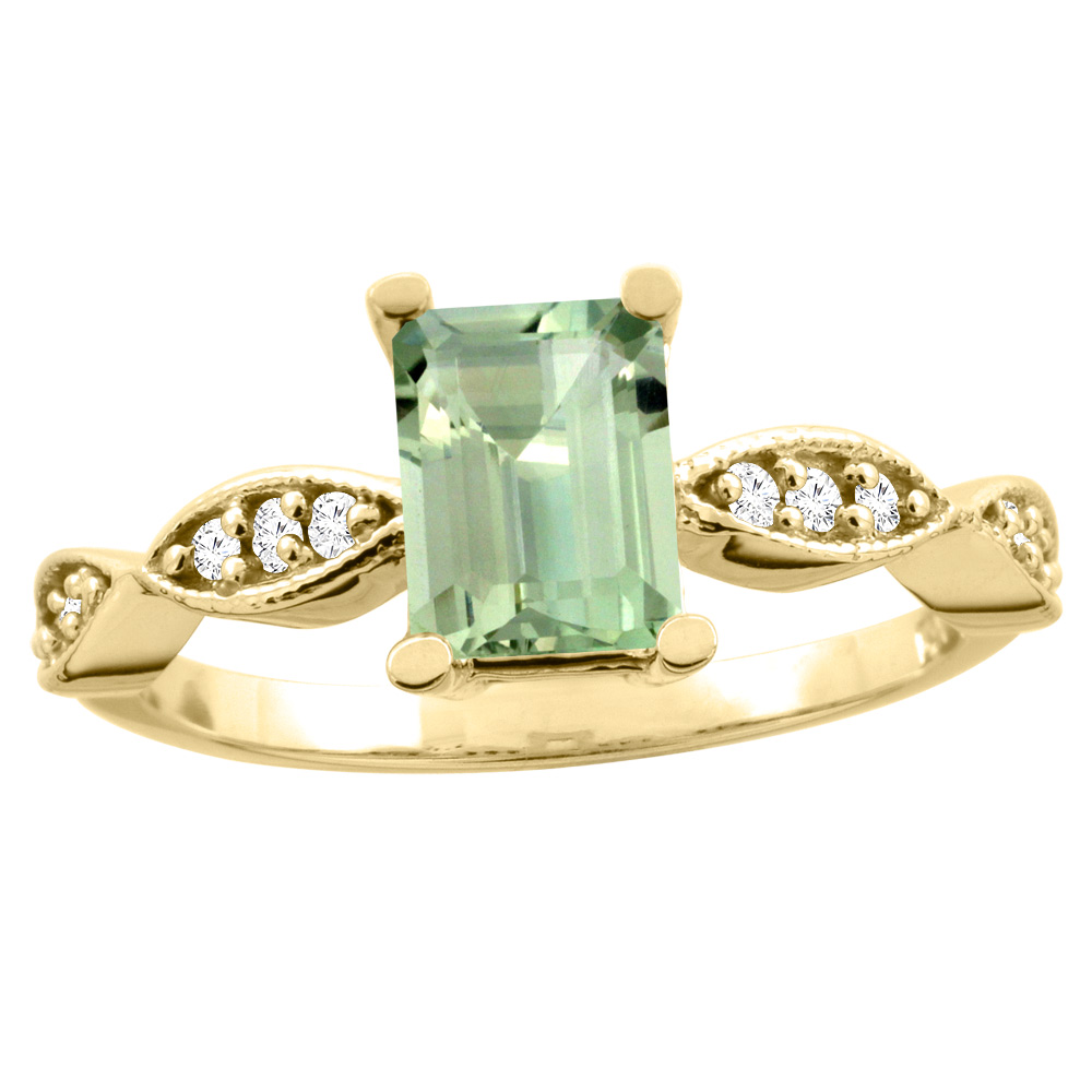 10K White/Yellow Gold Natural Green Amethyst Ring Octagon 8x6mm Diamond Accent, sizes 5 - 10