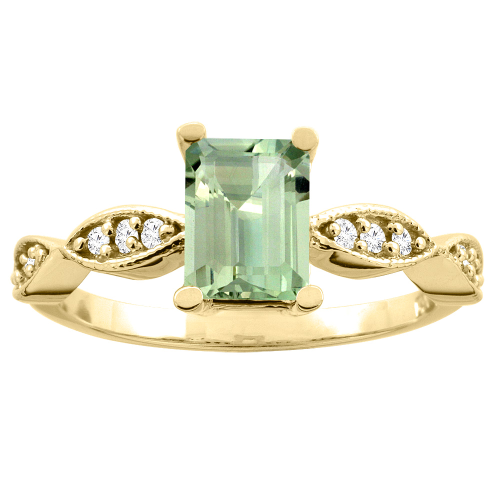 10K White/Yellow Gold Natural Green Amethyst Ring Octagon 7x5mm Diamond Accents, sizes 5 -10