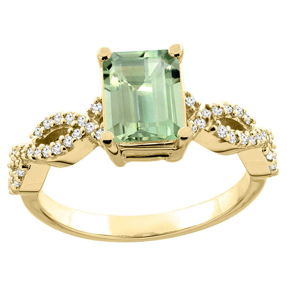 10K White/Yellow Gold/Yellow Gold Natural Green Amethyst Ring Octagon 8x6mm Diamond Accent, sizes 5 - 10